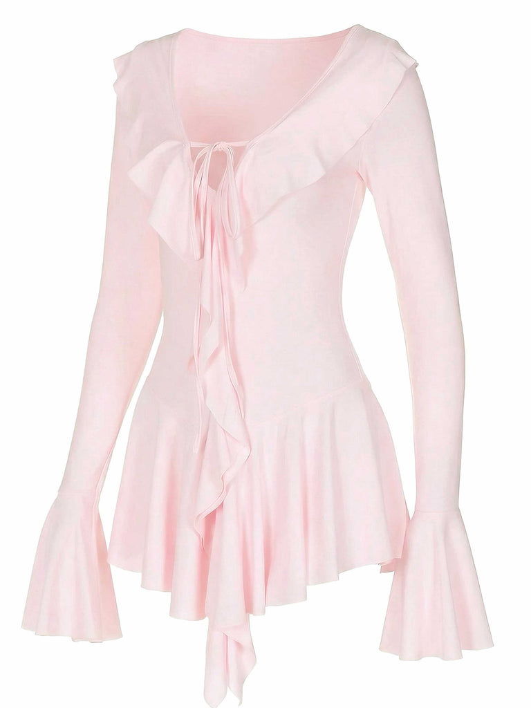 Pink 1960s V-Neck Ruffle Flared Sleeve Dress