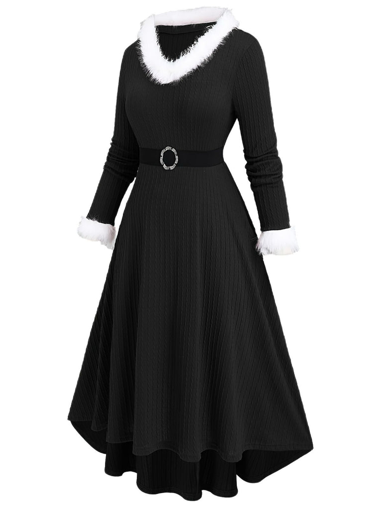 [Plus-Size] White 1940s Fur Collar V-Neck Belted Dress