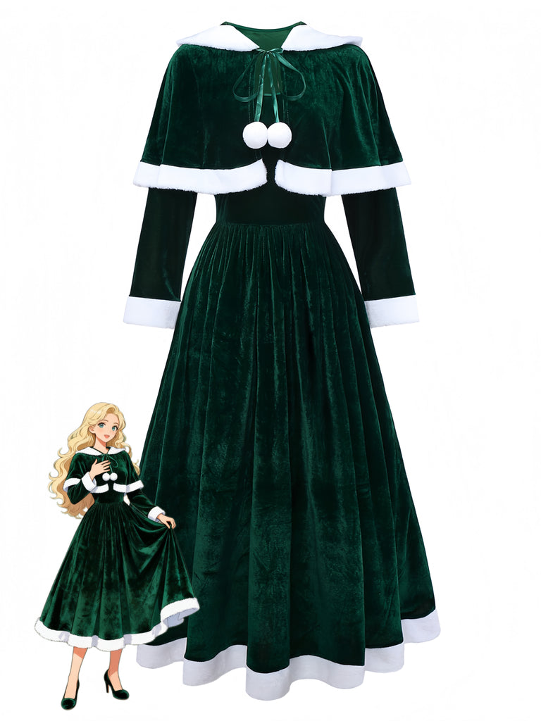 Green 1930s Christmas Mrs. Santa Claus Velvet Dress with Cape