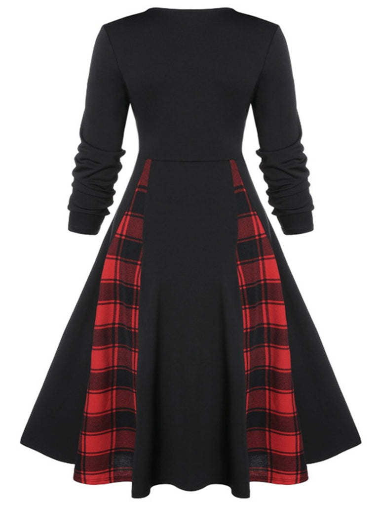 1950s Plaid Patchwork Gothic Pleated Dress