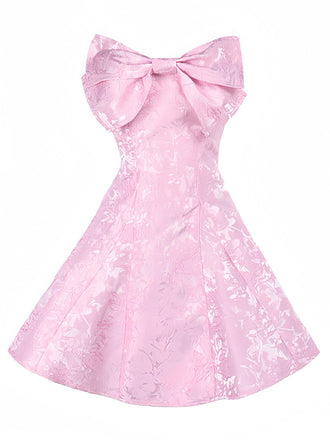 Pink 1950s Floral Lace Strapless Bow Dress