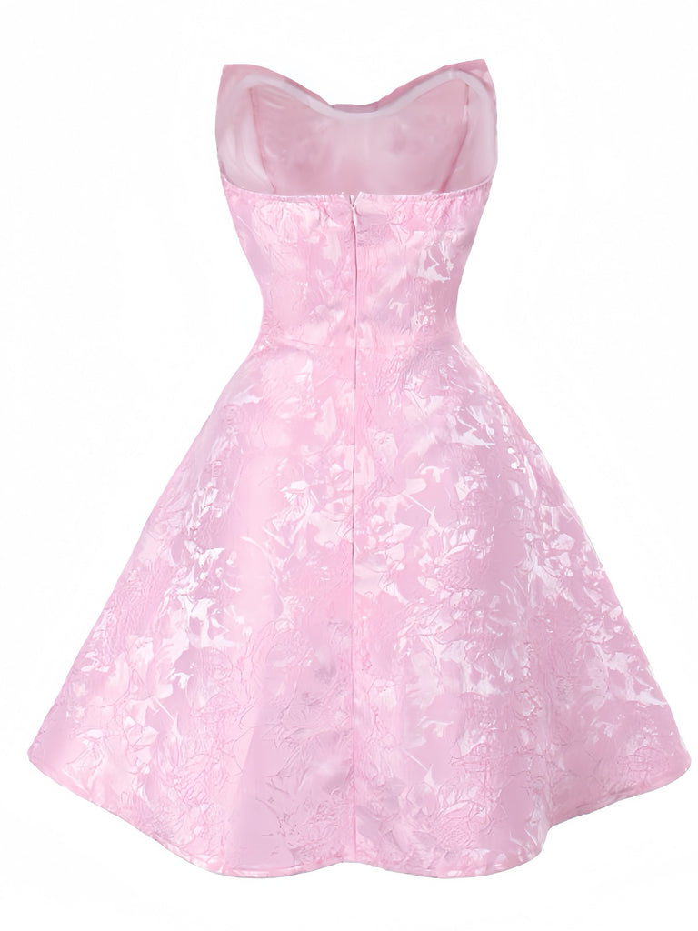 Pink 1950s Floral Lace Strapless Bow Dress