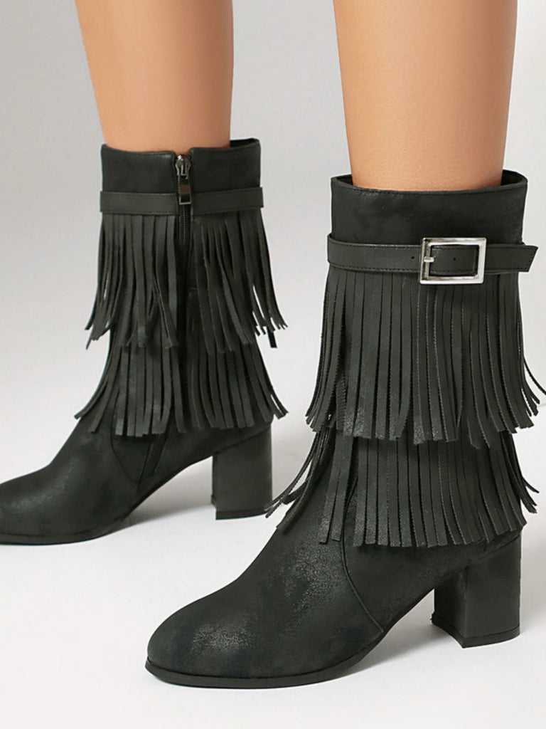 Vintage Solid Fringe Suede Chunky High Heel Boots