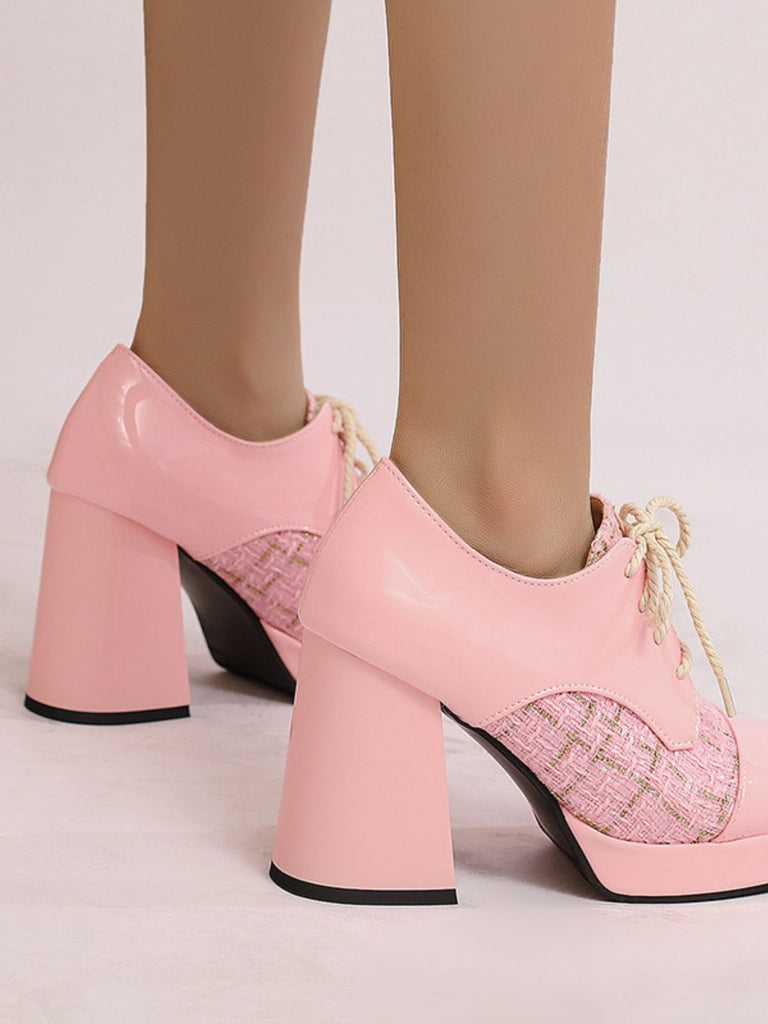 Mary Jane Plaid Square Toe Block Heel Shoes