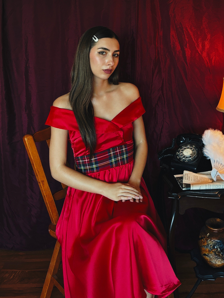 Red 1950s Christmas Plaids Off-Shoulder Dress