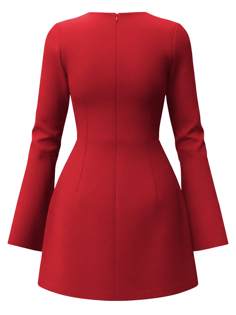 1960s Long Sleeve Faux Pockets Solid Dress