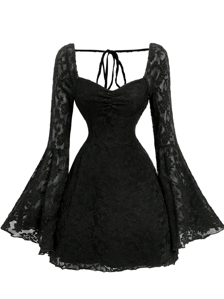 Black 1960s Lace Bell Sleeve Back Tie Dress