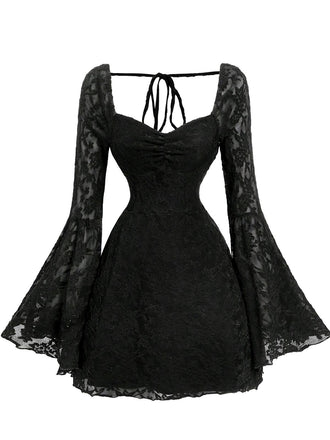 Black 1960s Lace Bell Sleeve Back Tie Dress