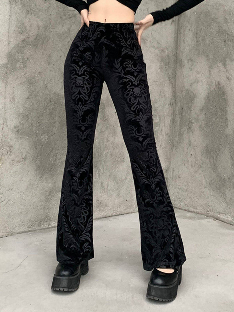 Black 1980s Punk Vine Print Velvet Bootcut Pants
