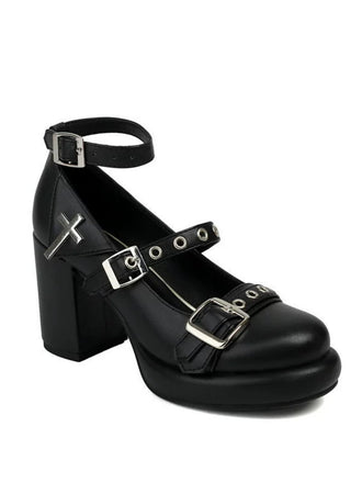 Punk Cross Buckle Ankle Strap Chunky High Heels