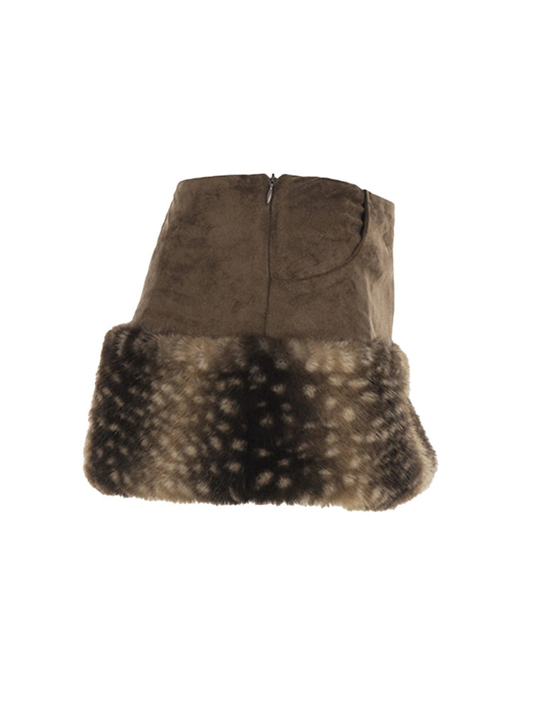 2PCS Brown 1980s Deer Faux Fur-Trimmed Crop Top & Skirt