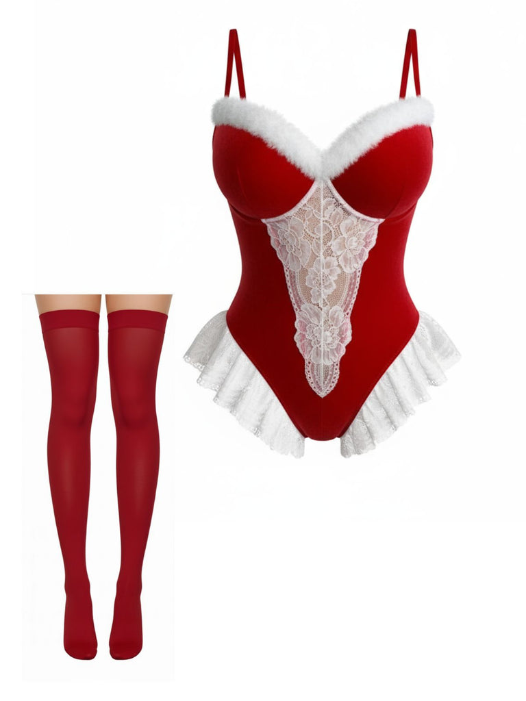 Red 1980s Christmas Onesie Pajama Set