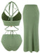 Green 1970s Boho Beaded Bikini Set & Ruched Cover-Up