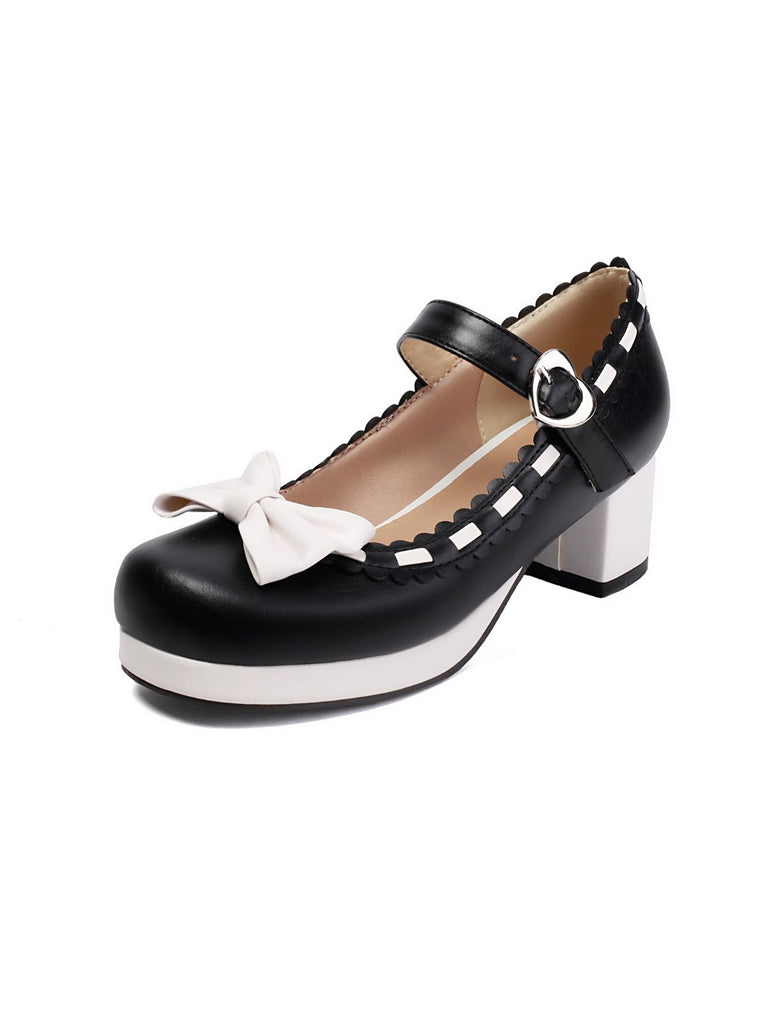 Chunky Heel Two Tone Bow Marry Jane Shoes