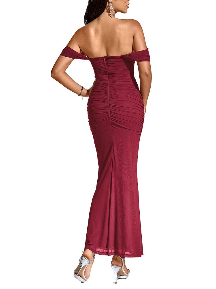 1930s Solid Off-Shoulder Bodycon Maxi Dress