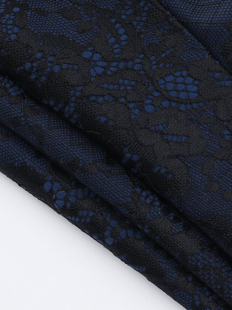 Dark Blue 1930s Halloween Off-Shoulder Lace Tassel Top