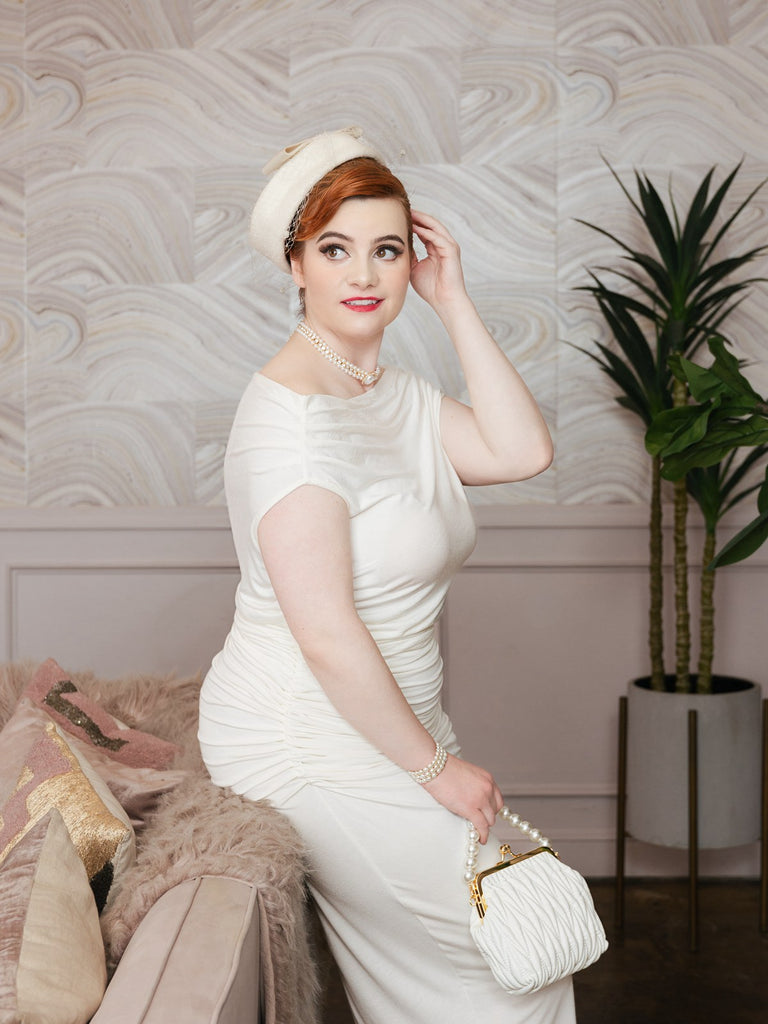 Ivory 1960s Cap Sleeve Slim Pleated Dress