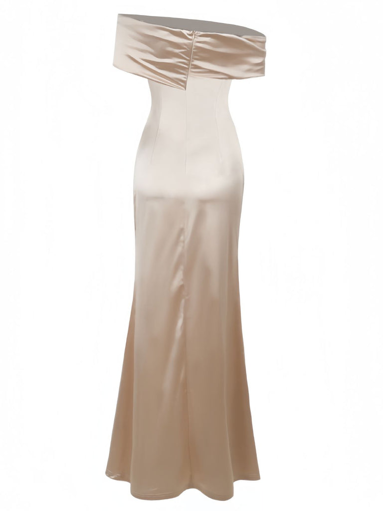 Champagne 1930s Off Shoulder Slit Satin Dress