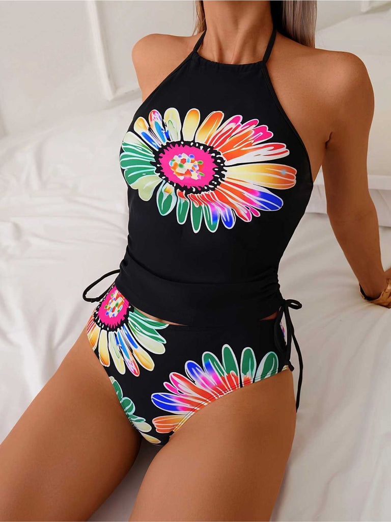 1960s Halter Neon Daisy Lace-Up Tankini Set