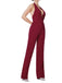 Wine Red 1970s Halter Deep V-Neck Pockets Jumpsuit