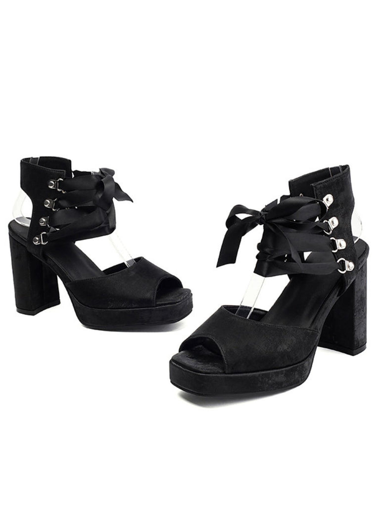 Ribbon Bow Lace-Up Chunky Heel Sandals