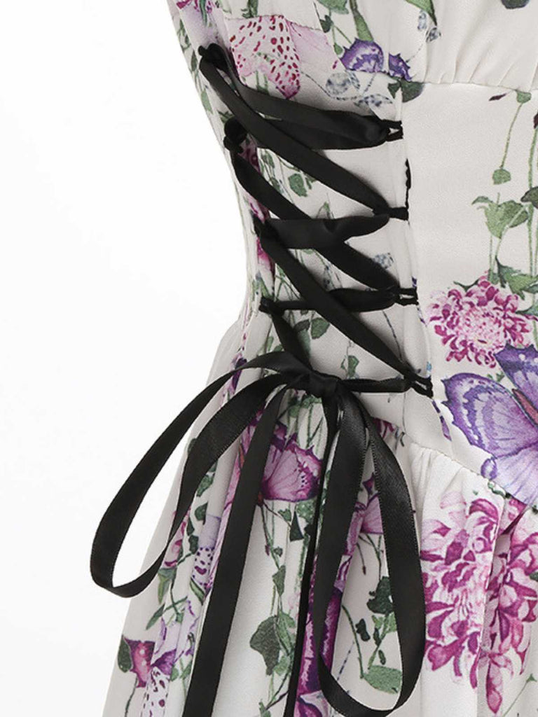 1950s Strap Floral Butterflies Lace-Up Corset Dress