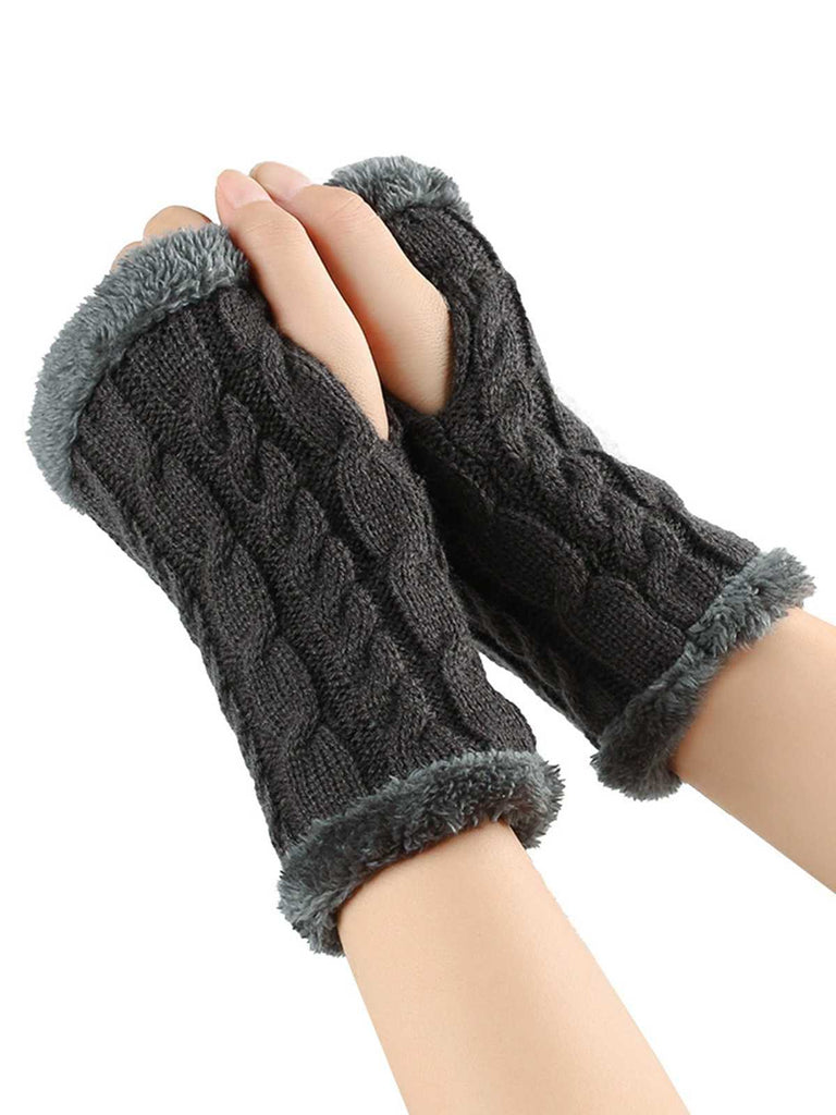 Winter Faux Fur Trim Knit Fingerless Gloves