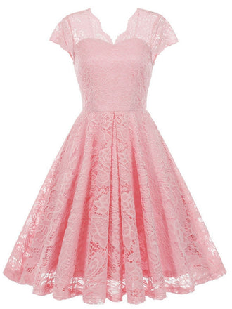 1950s Solid V-Neck Sleeveless Lace Dress