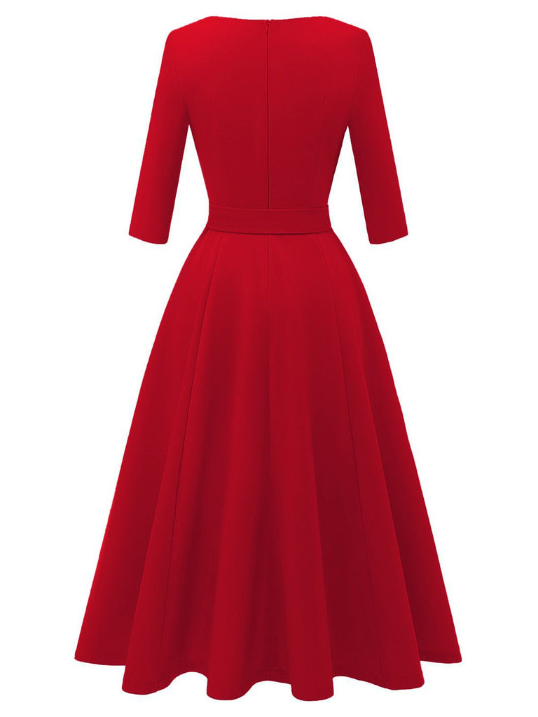 1940s Solid Fit Bow 3/4 Sleeves Swing Dress