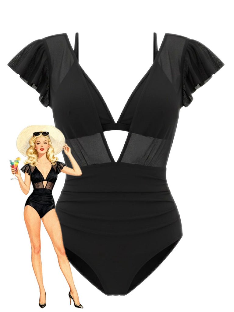 1960s Solid Mesh Plunge Bikini Set & Cover-Up