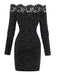 Black 1980s Lace Off-Shoulder Metallic Silver Splash Bodycon Dress
