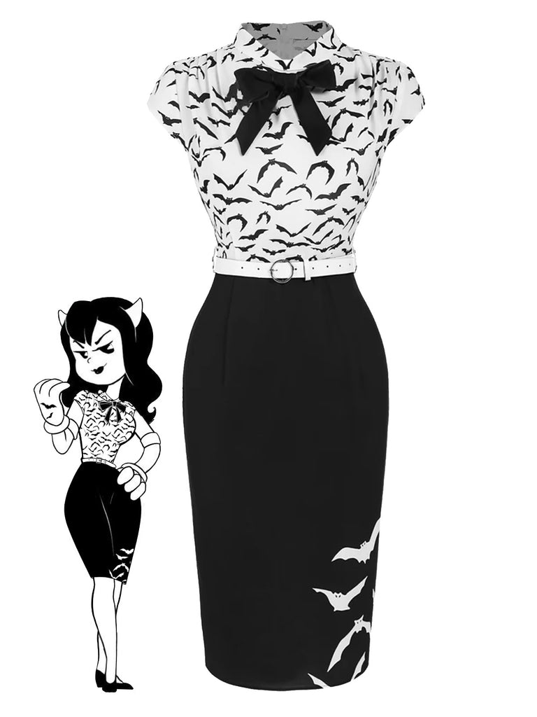 Black 1960s Bats Bow Lapel Pencil Dress