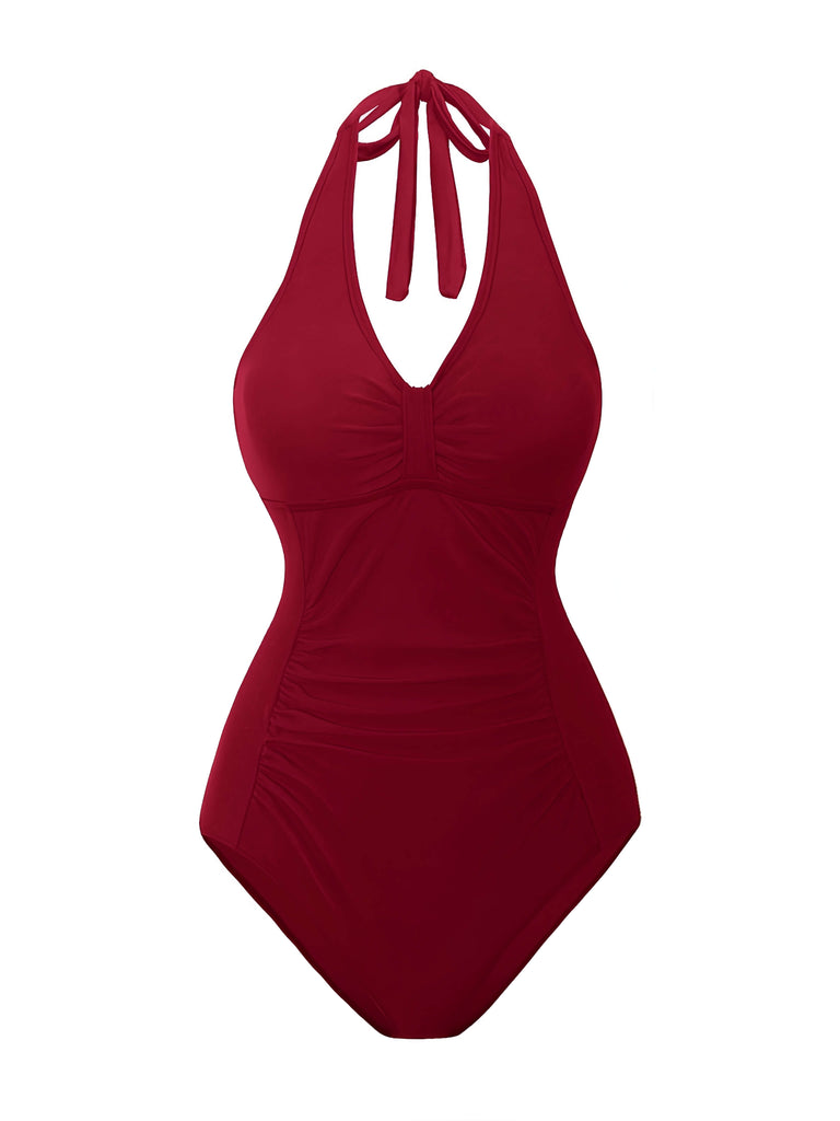 1950s Solid V-Neck Ruched Halter One-Piece Swimsuit