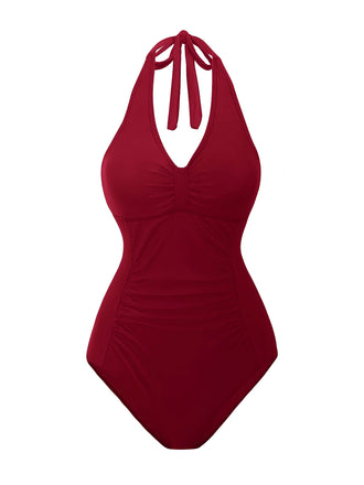 1950s Solid V-Neck Ruched Halter One-Piece Swimsuit