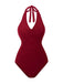 1950s Solid V-Neck Ruched Halter One-Piece Swimsuit
