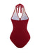 1950s Solid V-Neck Ruched Halter One-Piece Swimsuit