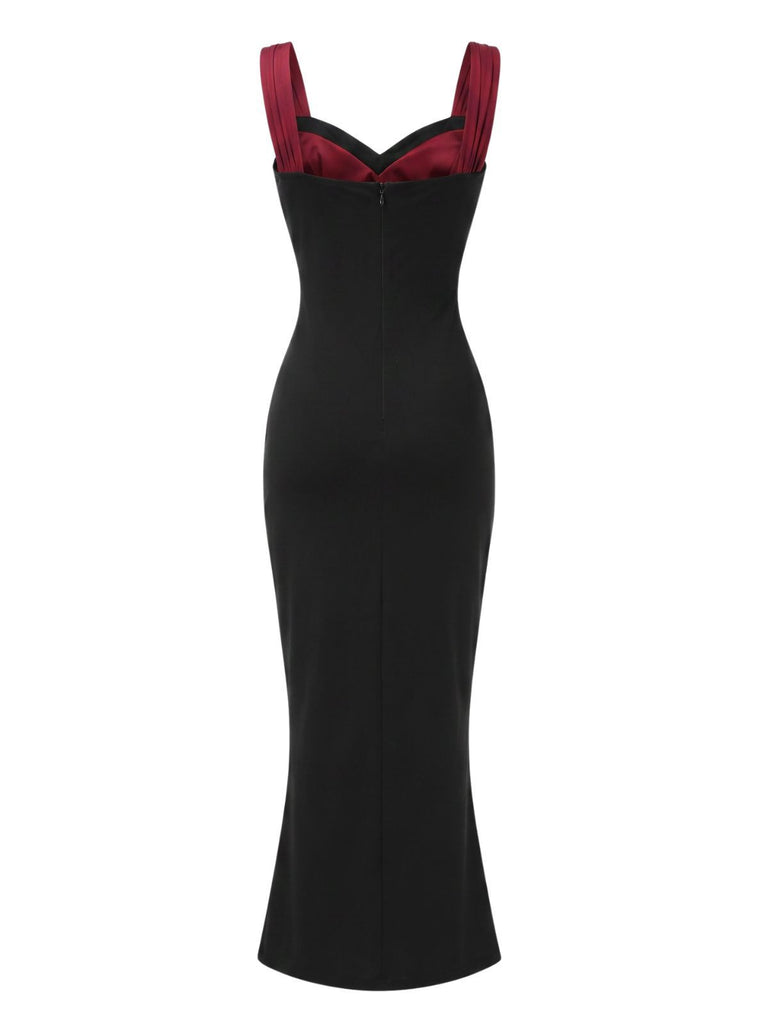 Wine Red 1930s Contrast Fishbone Mermaid Dress