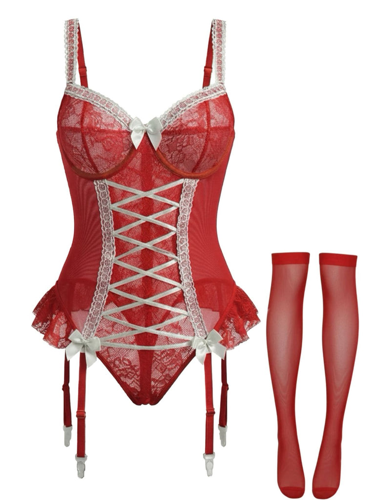 Red 1960s Lace Bow Corset Lingerie With Stocking