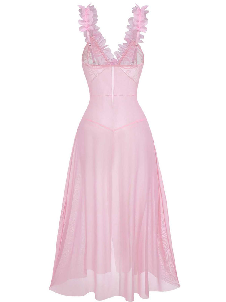 Pink 1930s 3D Floral Sheer Mesh Lace Lingerie Set