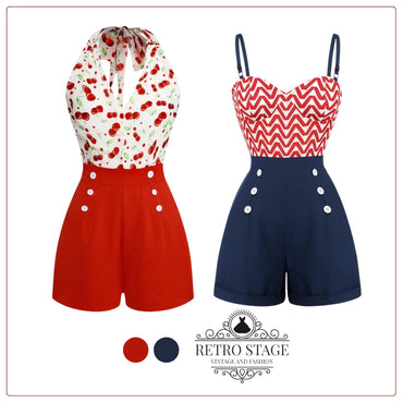 Red & Blue 1950s Chevron Stripe Strap Romper