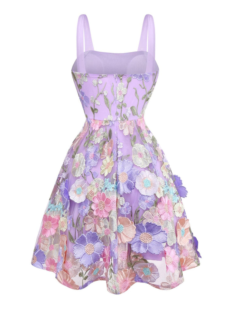 Purple 1950s Floral Embroidered Mesh A-Line Dress