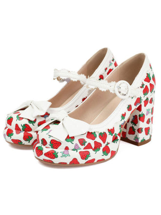 Retro Leather Strawberry Bow Chunky Heels