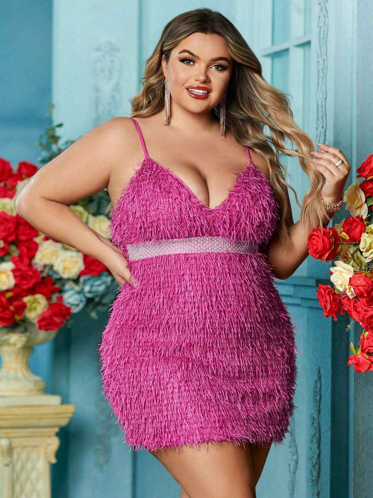 [Plus Size] Rose Pink 1980s Fringed Spaghetti Strap Bodycon Dress