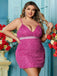 [Plus Size] Rose Pink 1980s Fringed Spaghetti Strap Bodycon Dress