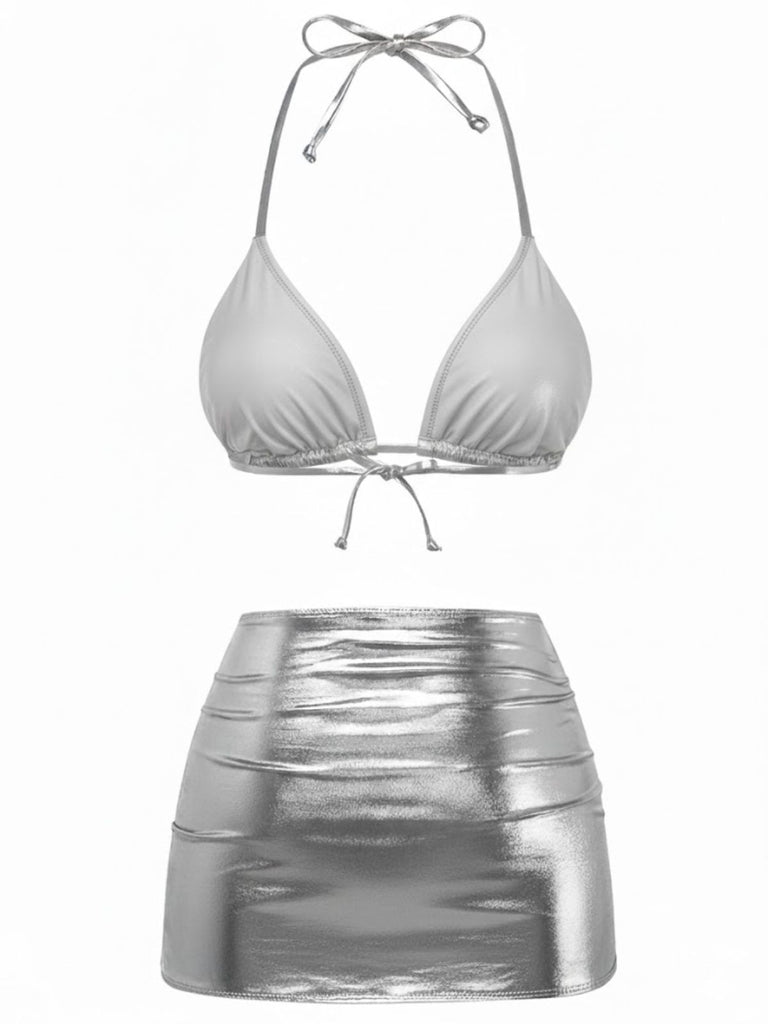 1970s Solid Halter Metallic Bikini Set