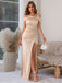 Champagne 1930s Off Shoulder Slit Satin Dress