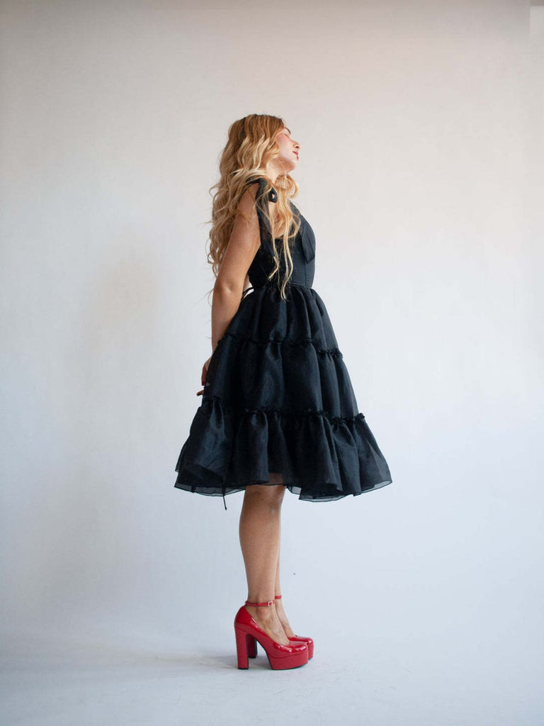 1950s Solid Multi-Layered Ruffle Tulle Dress