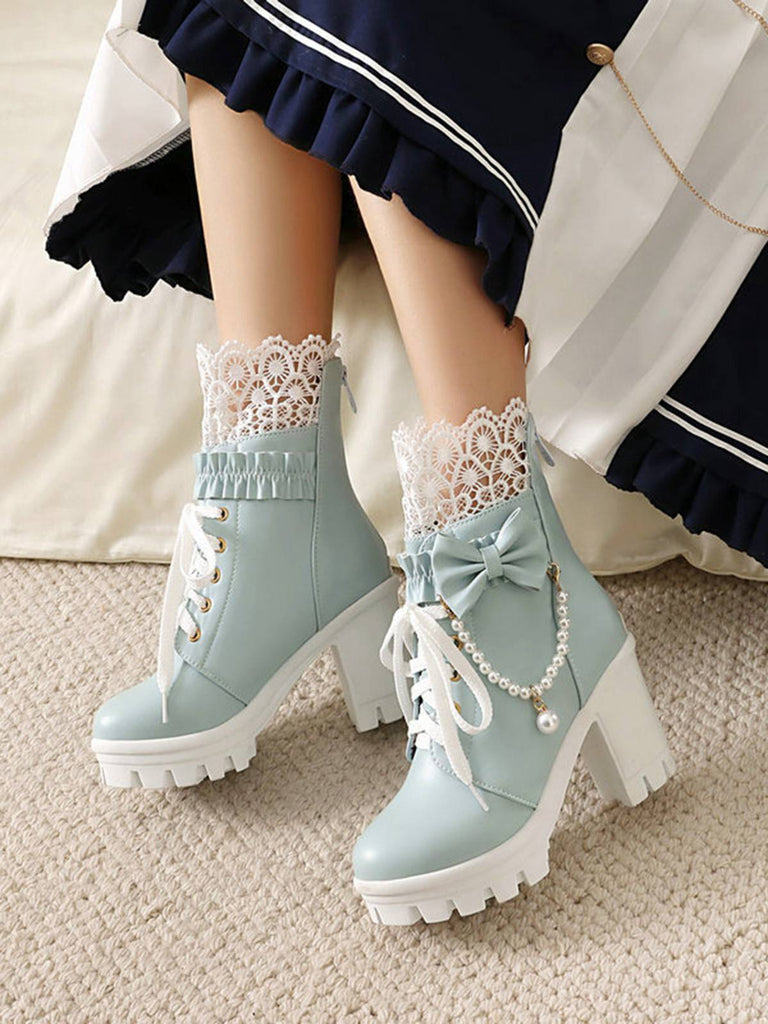 Vintage Lace Beaded Bow Chunky Heels Boots