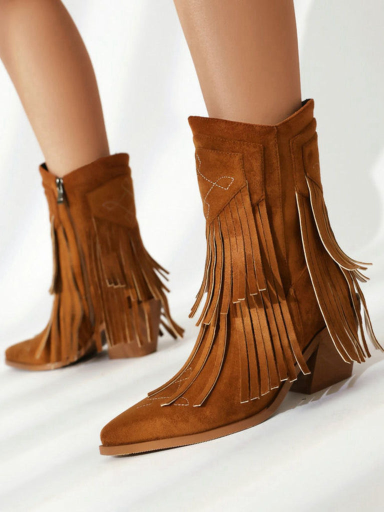 Vintage Tassel Mid Heel Flannelette Boots