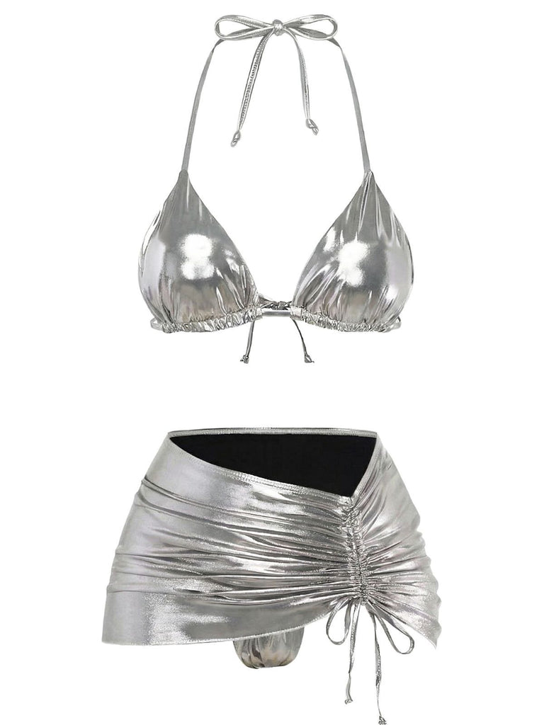 1970s Solid Halter Metallic Bikini Set